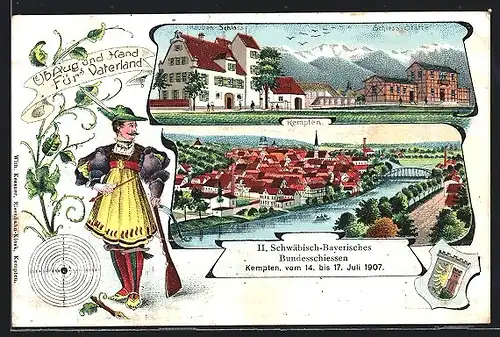 Lithographie Ganzsache Bayern PP15C137: Kempten, II. Schwäbisch-Bayerisches Bundesschiessen 1907, Schiess-Stätte