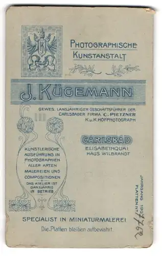 Fotografie J. Kügemann, Carlsbad, königliches Wappen mit Greifen über Anschrift des Ateliers