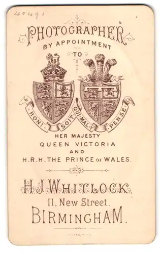 Fotografie H. J. Whitlock, Birmingham, 11 New St., Wappen des vereinigten Königreich über Anschrift des Ateliers