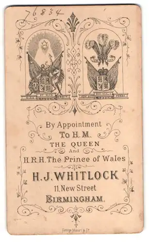 Fotografie H. J. Whitlock, Birmingham, 11 New Street, königliches Wappen Grossbritanniens über Anschrift des Ateliers