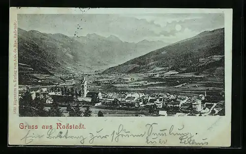 Mondschein-AK Radstadt, Ortsansicht mit Fernblick