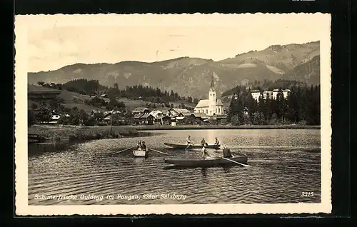 AK Goldegg i. Pongau, Ortspanorama mit See, Ruderboote