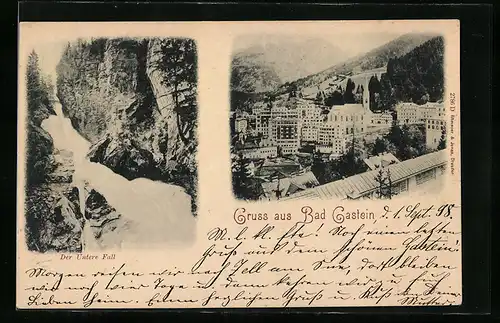 AK Bad Gastein, Der untere Fall, Ort mit Kirche