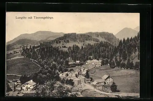 AK Lungötz, Ortsansicht mit Tännengebirge aus der Vogelschau