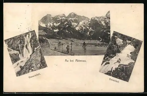 AK Au bei Abtenau, Tachachfall, Tricklfall, Ortsansicht mit Bergen aus der Vogelschau