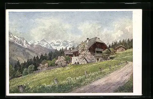 Künstler-AK Blühnbach, Hausansicht mit Gebirgspanorama