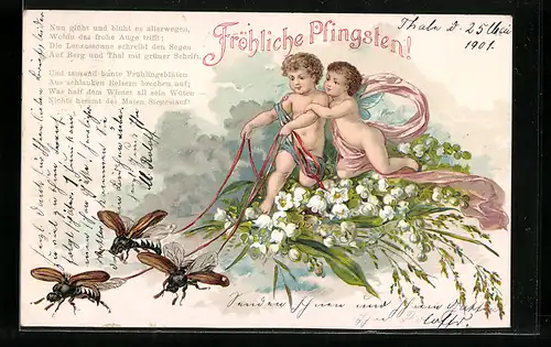 Lithographie Zwei Engel mit Maikäfern an Leinen, Pfingstgruss