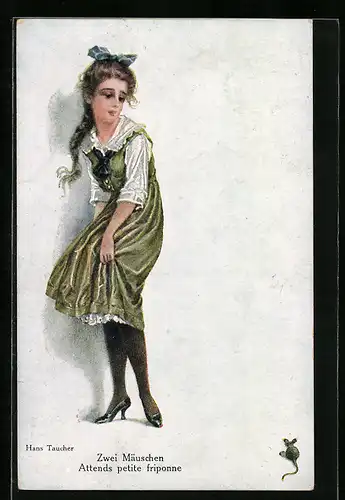 Künstler-AK Zwei Mäuse, Mädchen fürchtet sich vor einer Maus