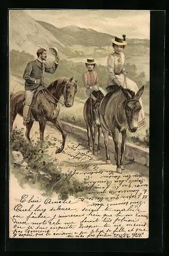 Lithographie Reiter zu Pferde grüsst Damen auf einem Maultier
