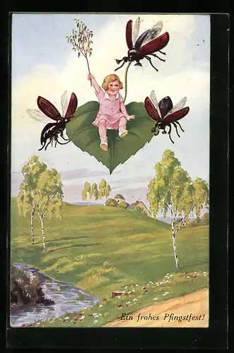 AK Mädchen auf einem Blatt lässt sich von Maikäfern durch die Lüfte ziehen, Pfingstgruss