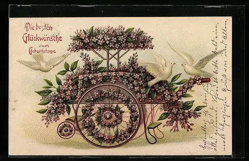 AK Birthday Greeting, Wagen voller Blumen und weisse Tauben