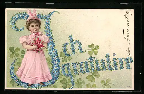 AK Kleine Gratulantin mit Blumen, Blumen-Schriftzug