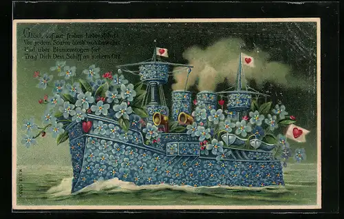 Präge-AK Blumenschiff mit Herzfahnen auf dem Meer