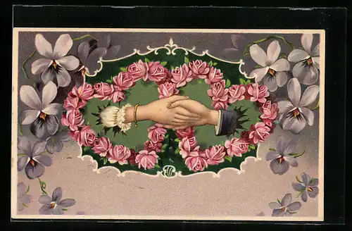 Präge-AK Hände eines Paares in Rosen-Herzen, Stiefmütterchen