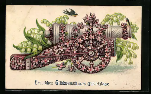 AK Blumen-Kanone mit Maiglöckchen, Geburtstagsgruss