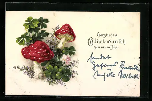 AK Fliegenpilze mit Glücksklee, Neujahrsgruss