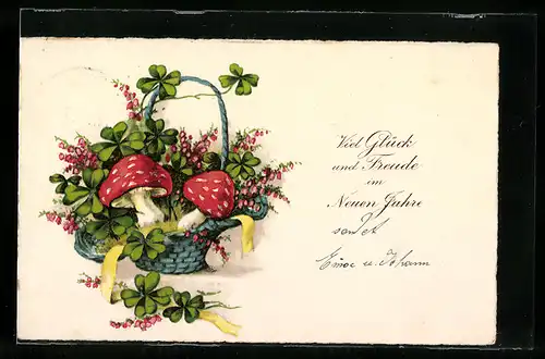 AK Fliegenpilze im Glücksklee-Köbchen, Neujahrsgruss