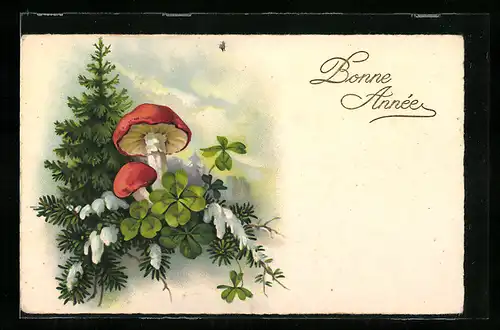 AK Fliegenpilze mit Glücksklee und Tanne, Neujahrsgruss