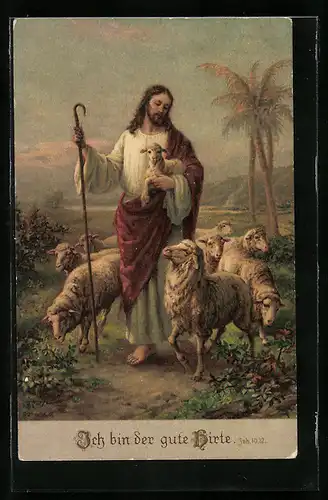 AK Sinnspruch Ich bin der gute Hirte, Joh. 10,12, Jesus mit Schafherde