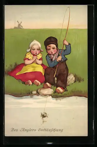 AK Niederländische Kinder beim Angeln, fangen Krebs
