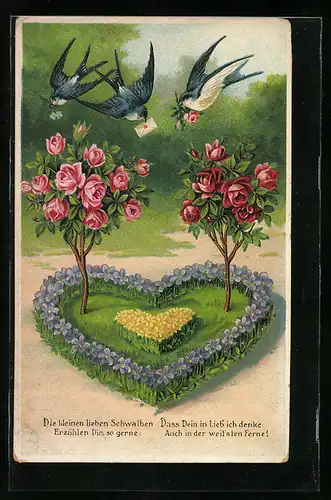 Präge-AK Schwalben mit Brief über herzförmigem Blumenbeet mit Rosenbäumchen