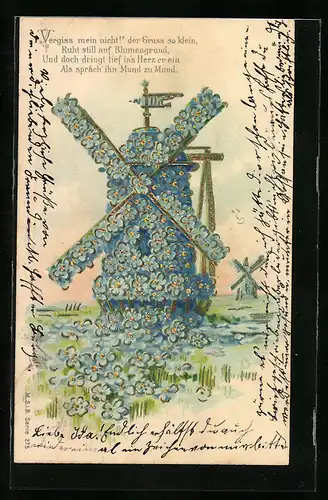 Präge-AK Blumen-Windmühlen mit Vergissmeinnicht