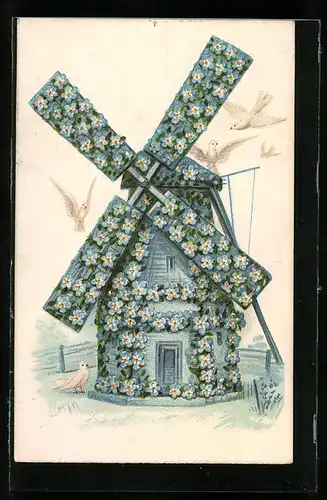 Präge-AK Blumen-Windmühle mit Tauben