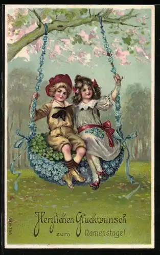Präge-AK Kleines Paar in einer Blumen-Schaukel, Namenstagsgruss