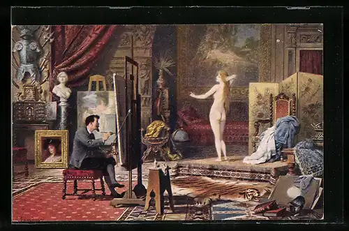 Künstler-AK Maler zeichnet ein nacktes Modell