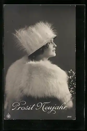 AK Junge Dame mit Hut und Pelz, Neujahrsgruss