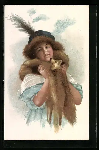 AK Junge Dame mit Hut und Fuchspelz