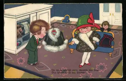 AK Kinder spielen mit Kleidern und das Mädchen probiert alles an