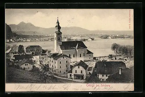 AK Gnigl bei Salzburg, Uferpartie mit Kirche