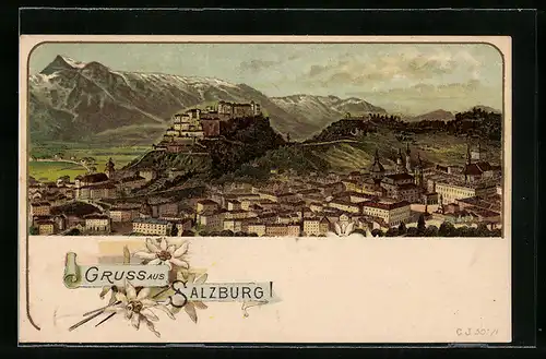 Lithographie Salzburg, Ortsansicht aus der Vogelschau