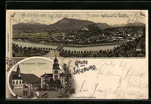 Lithographie Salzburg, Panorama, Michaeliskirche und Residenz