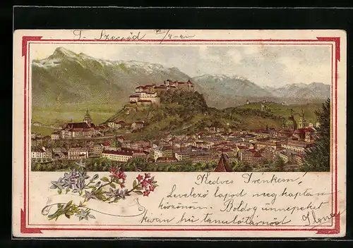 Lithographie Salzburg, Totalansicht mit Blumen-Motiv