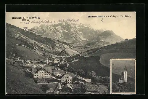 AK Dienten am Hochkönig, Ortsansicht mit Kirche und Talblick, Erichschutzhütte am Aufstieg zum Hochkönig