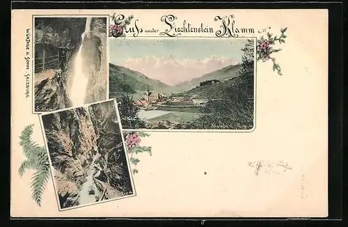 AK Sankt Johann im Pongau, Ortsansicht, Liechtenstein-Klamm mit Wegpartie und Wasserfall