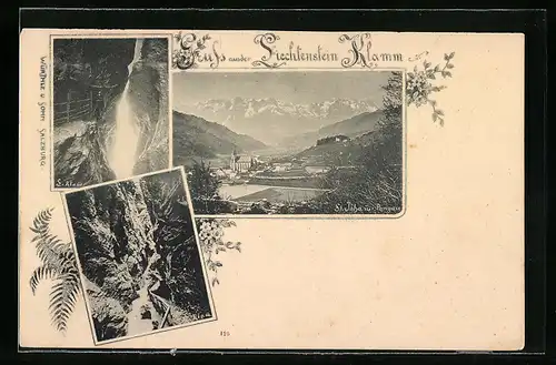 AK Sankt Johann im Pongau, Ortsansicht und Liechtenstein-Klamm mit Wegpartie und Wasserfall