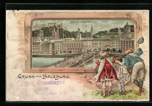 Passepartout-Lithographie Salzburg, Stadtbrücke und Festung