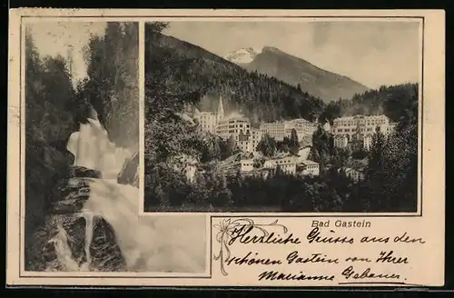 AK Bad Gastein, Ortsansicht und Wasserfall