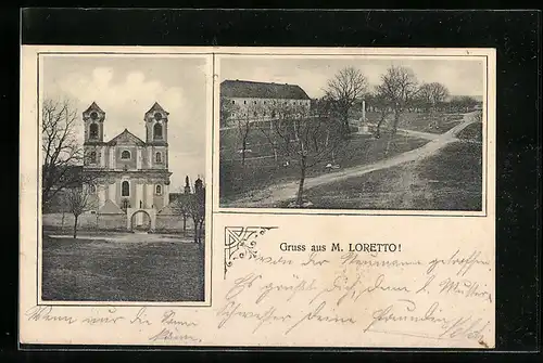 AK M. Loretto, Ortspartie mit Denkmal, Blick zur Kirche