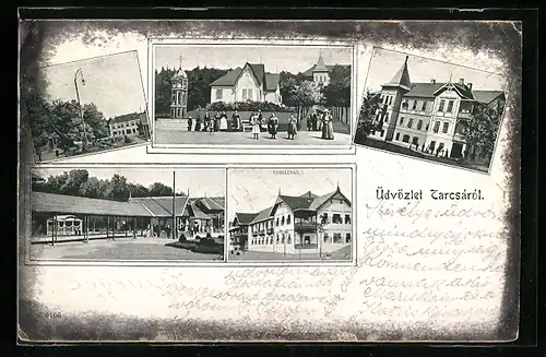 AK Tarcsá, Bürger vor grossem Gebäude, Ortsansicht