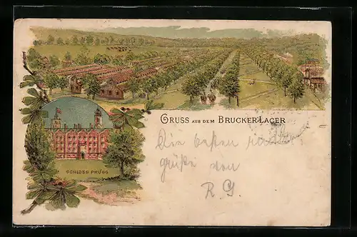 Lithographie Bruck, Brucker Lager, Schloss Prugg