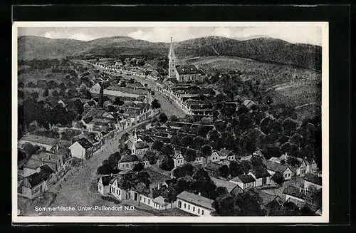 AK Unter-Pullendorf, Ortsansicht mit Kirche aus der Vogelschau