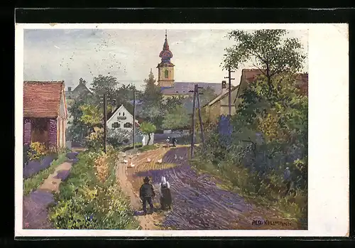 Künstler-AK Grosspetersdorf, belebte Strassenszene mit Blick zur Kirche