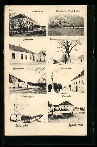 AK Hornstein, Apotheke, Volksschule, Friedhof und Schlossruine