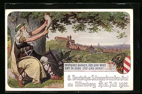 Künstler-AK Nürnberg, 8. Deutsches Sängerbundes-Fest 1912, Germane mit Trinkhorn, Wappen