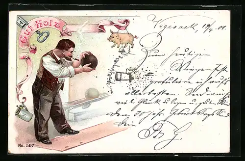 Lithographie Mann mit Zigarre beim Kegeln