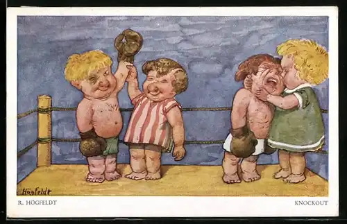 Künstler-AK Boxer mit blauem Auge wird im Ring zum Sieger erklärt, Gegner weint, Knockout
